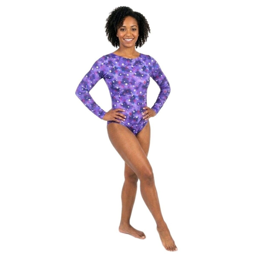 GK Elite VTG Purple Americana Glittery LS Gymnastics Logo Leotard AM Adult M